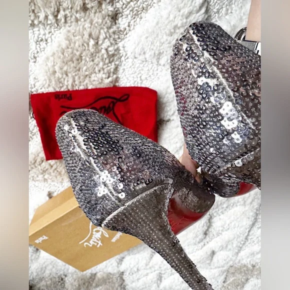 Christian louboutin sequin DECOLTISSIMO 100 SILVER PAILLETTES pointed toe heel - Picture 8 of 14